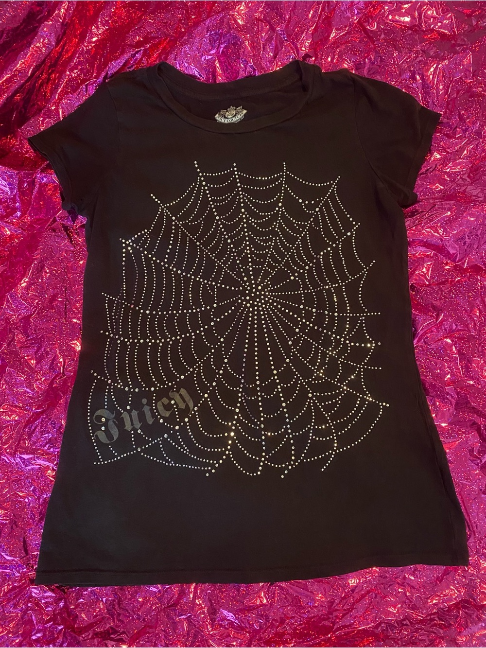 Vintage Y2K Juicy Couture Black & Silver Rhinestones Spiderweb Tee